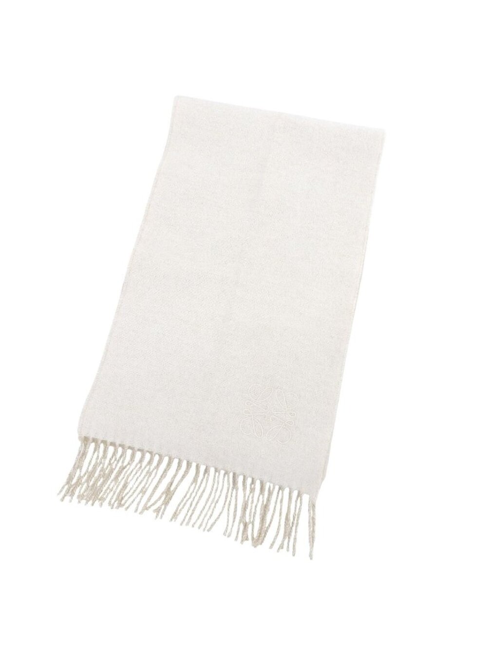 Loewe Wool Cashmere Anagram Logo Embroidery Reversible Scarf with Fringe Beige